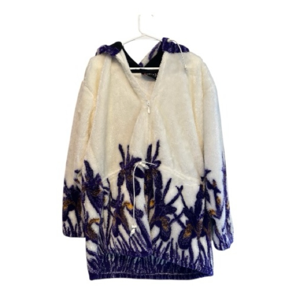 Vintage 90’s Faux Fur ANDREA FENZI Floral Hooded Sweater - Cream & Purple XL